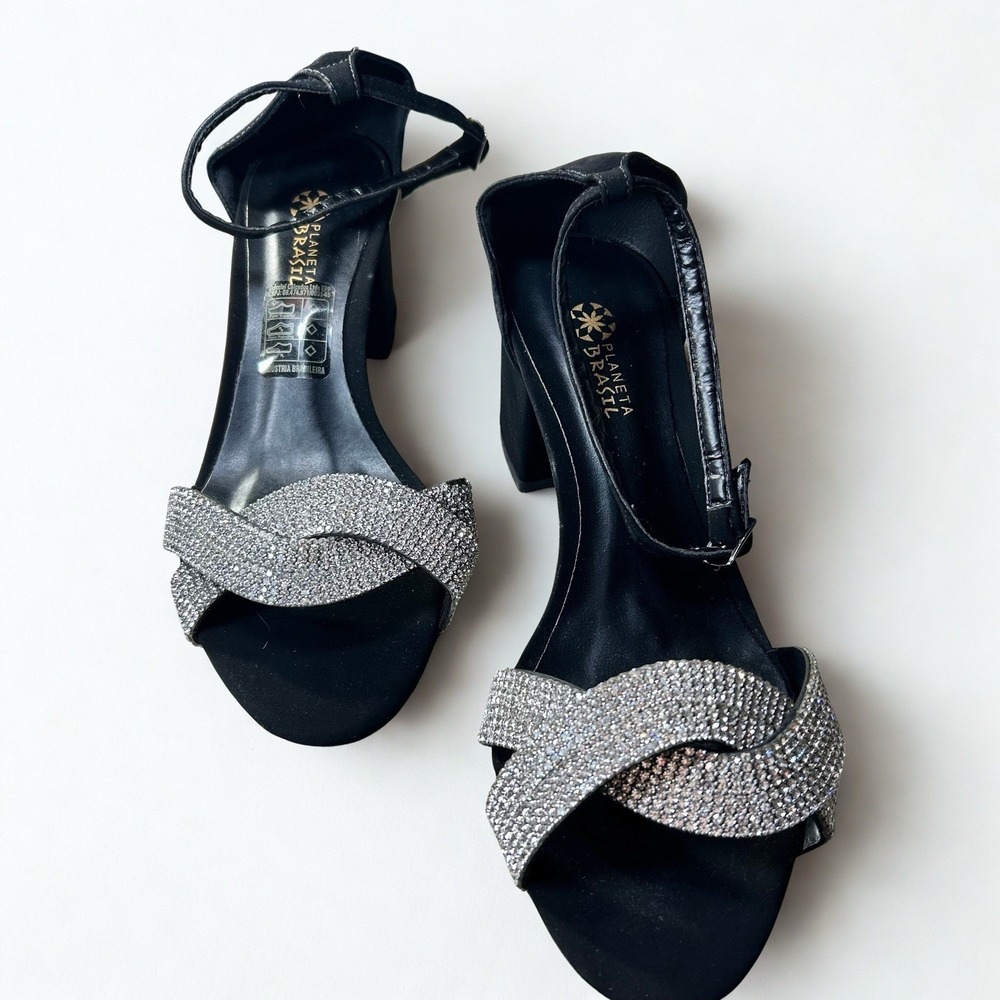 Planeta Brasil Women Black Rhinestone Block Heel Ankle Strap Sandals Size 37 6.5